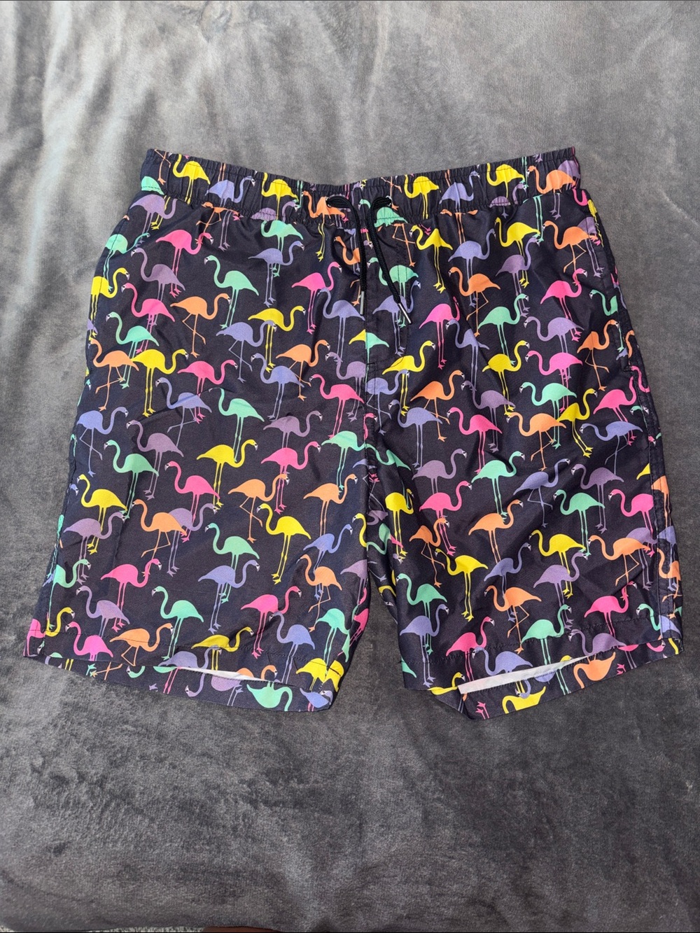 Black Swim Trunks with Neon Flamingo Print